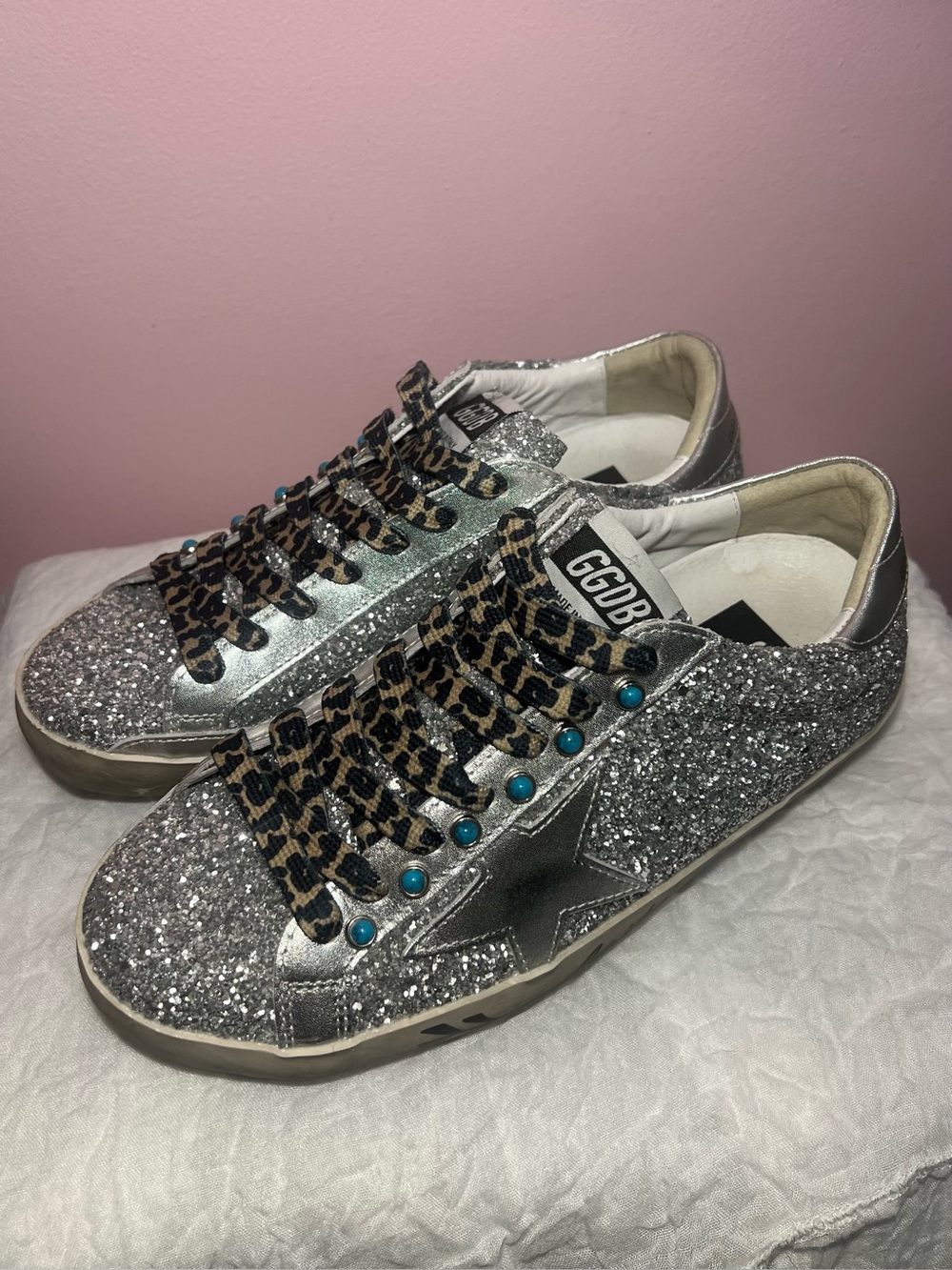 Golden Goose Size 40 Silver Glitter Super Star Sneakers Turquoise Leopard Faith